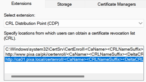 CDP extensions on an issuing CA, with a CDP pointing at the CA's own hostname ca01.pixa.local