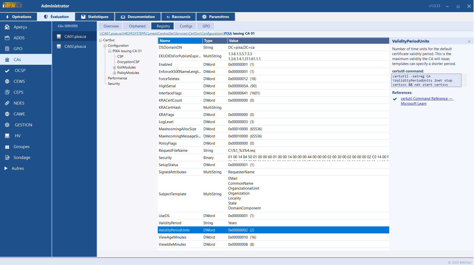 Truvald registry view showing ValidityPeriodUnits on the issuing CA